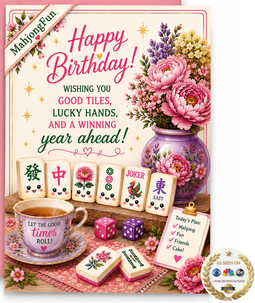 A colorful Happy Birthday greeting card or print featuring mahjong-themed illustrations, including floral pink and purple peonies in a vase, several decorated mahjong tiles, dice, a teacup, and decorative text wishing good tiles and lucky hands.