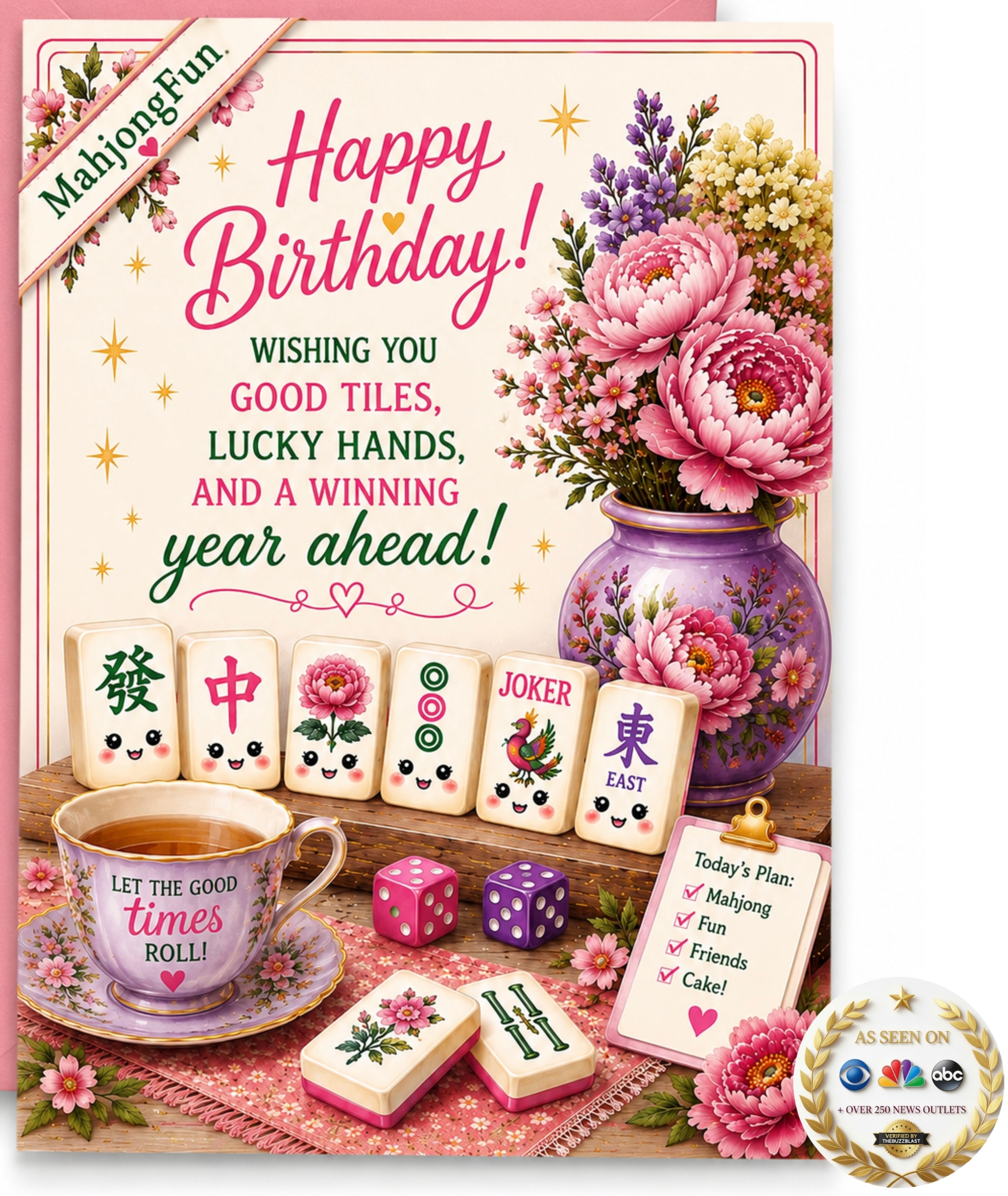 A colorful Happy Birthday greeting card or print featuring mahjong-themed illustrations, including floral pink and purple peonies in a vase, several decorated mahjong tiles, dice, a teacup, and decorative text wishing good tiles and lucky hands.