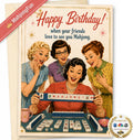 A square birthday greeting card featuring a retro 1950s illustration of four women playing mahjong, with the text 'Happy Birthday! when your friends love to see you Mahjong.' A red diagonal banner in the top left reads 'MahjongFun,' and a round 'As Seen on NBC' style badge appears at the bottom right.