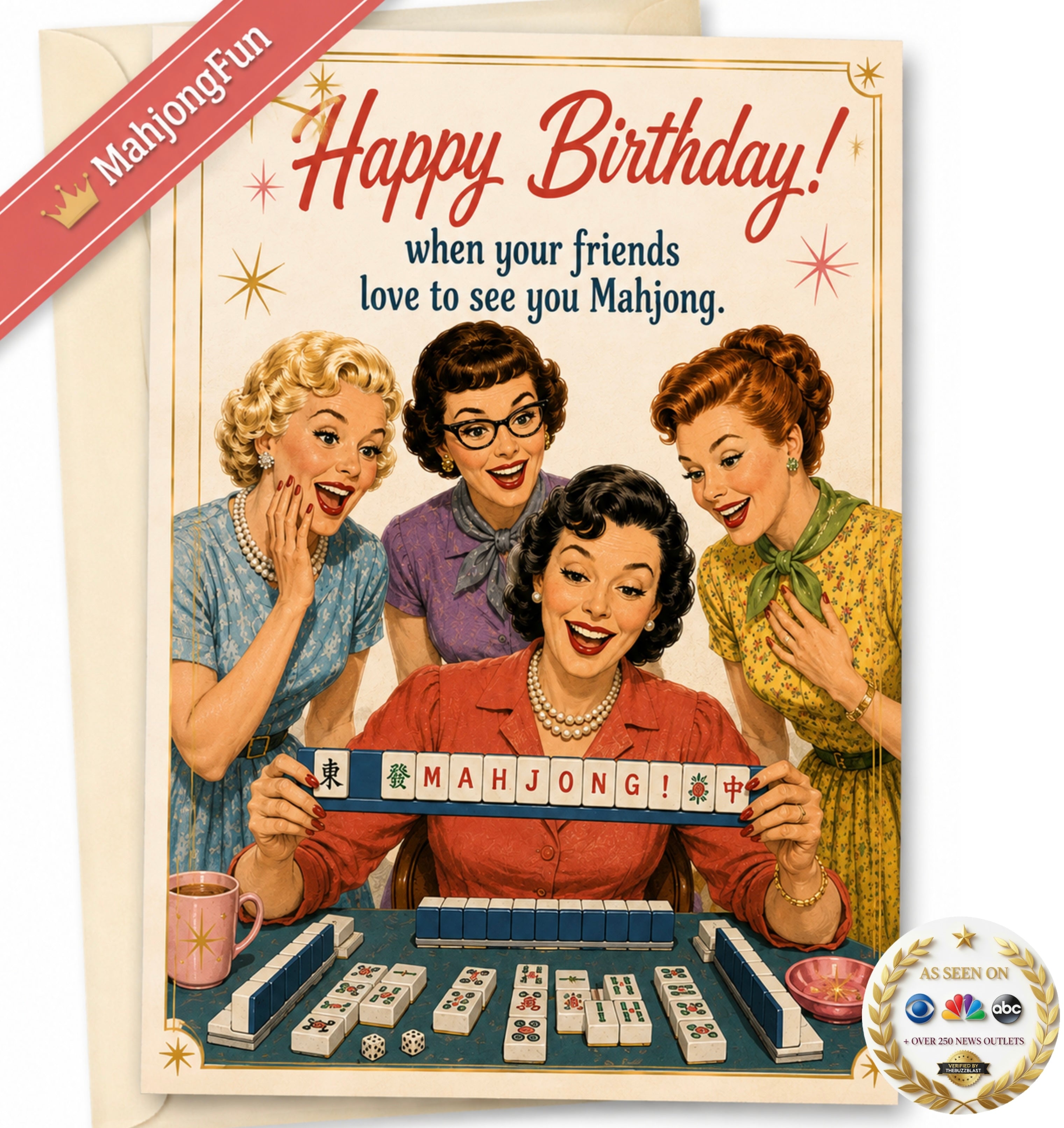 A square birthday greeting card featuring a retro 1950s illustration of four women playing mahjong, with the text 'Happy Birthday! when your friends love to see you Mahjong.' A red diagonal banner in the top left reads 'MahjongFun,' and a round 'As Seen on NBC' style badge appears at the bottom right.