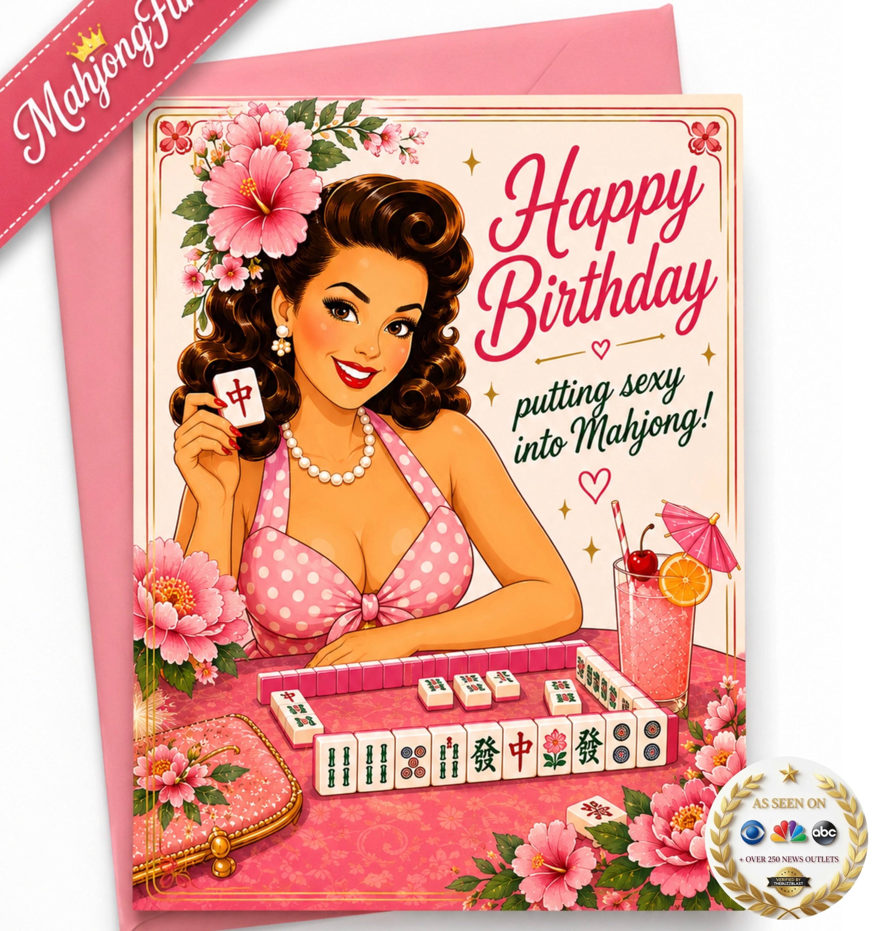 This fun printable Mahjong birthday card combines retro pin-up style, pink florals, Mahjong tiles and a playful birthday message that’s perfect for your Mahjong bestie, game-night friend, mom, sister or any Mahjong-loving woman with a sense of humor.