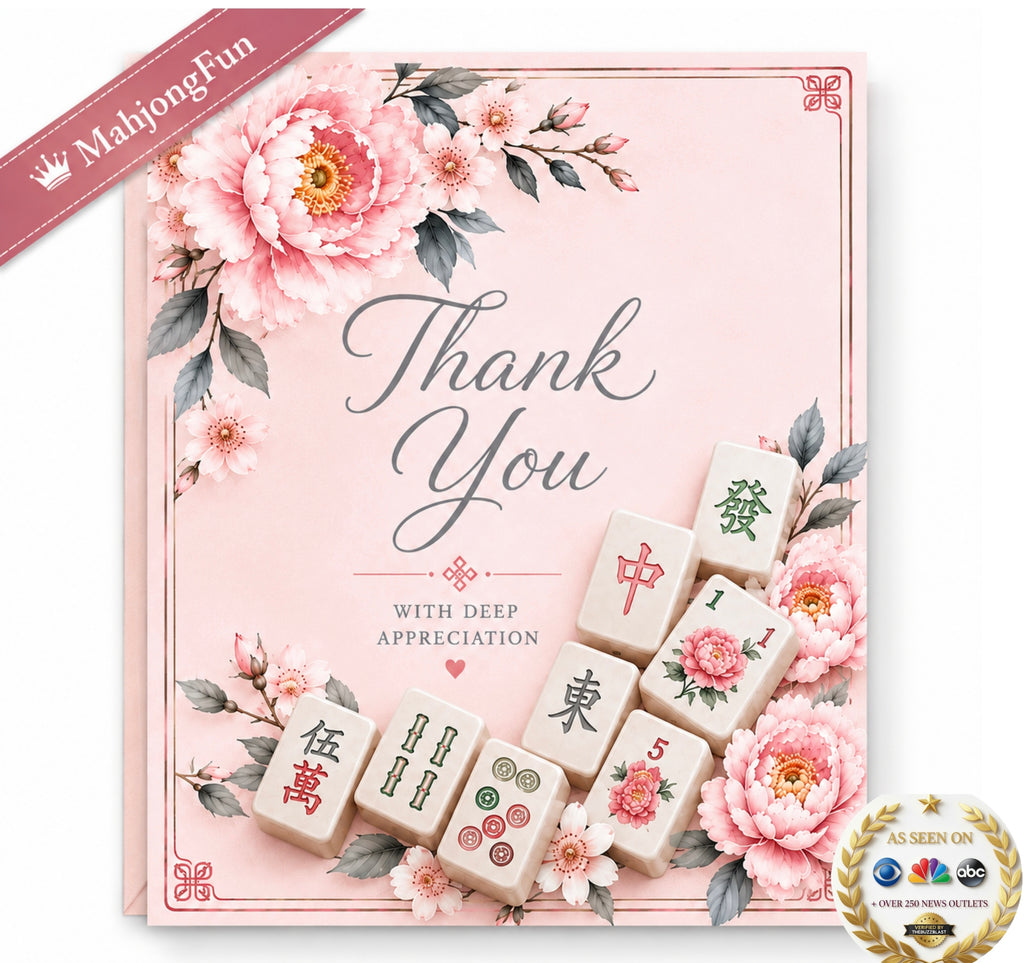 A square pink card or gift box design featuring floral illustrations and several Mahjong tiles arranged around the text 'Thank You' and 'WITH DEEP APPRECIATION.' A pink ribbon in the top-left corner reads 'MahjongFun,' and a gold 'Seen on' badge appears at the bottom-right.