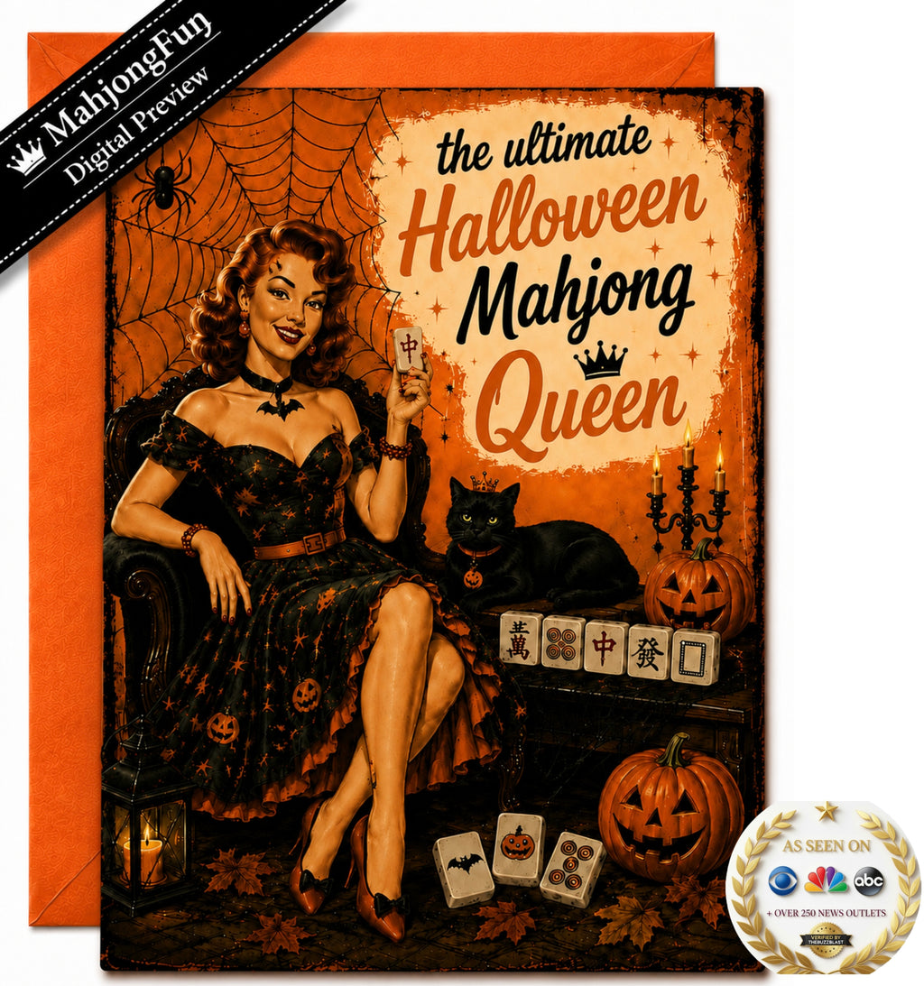 This glamorous retro-inspired Halloween Mahjong card features the Ultimate Halloween Mahjong Queen surrounded by spooky-season favorites: a black cat, pumpkins, spiderwebs, candlelight and, of course, Mahjong tiles.