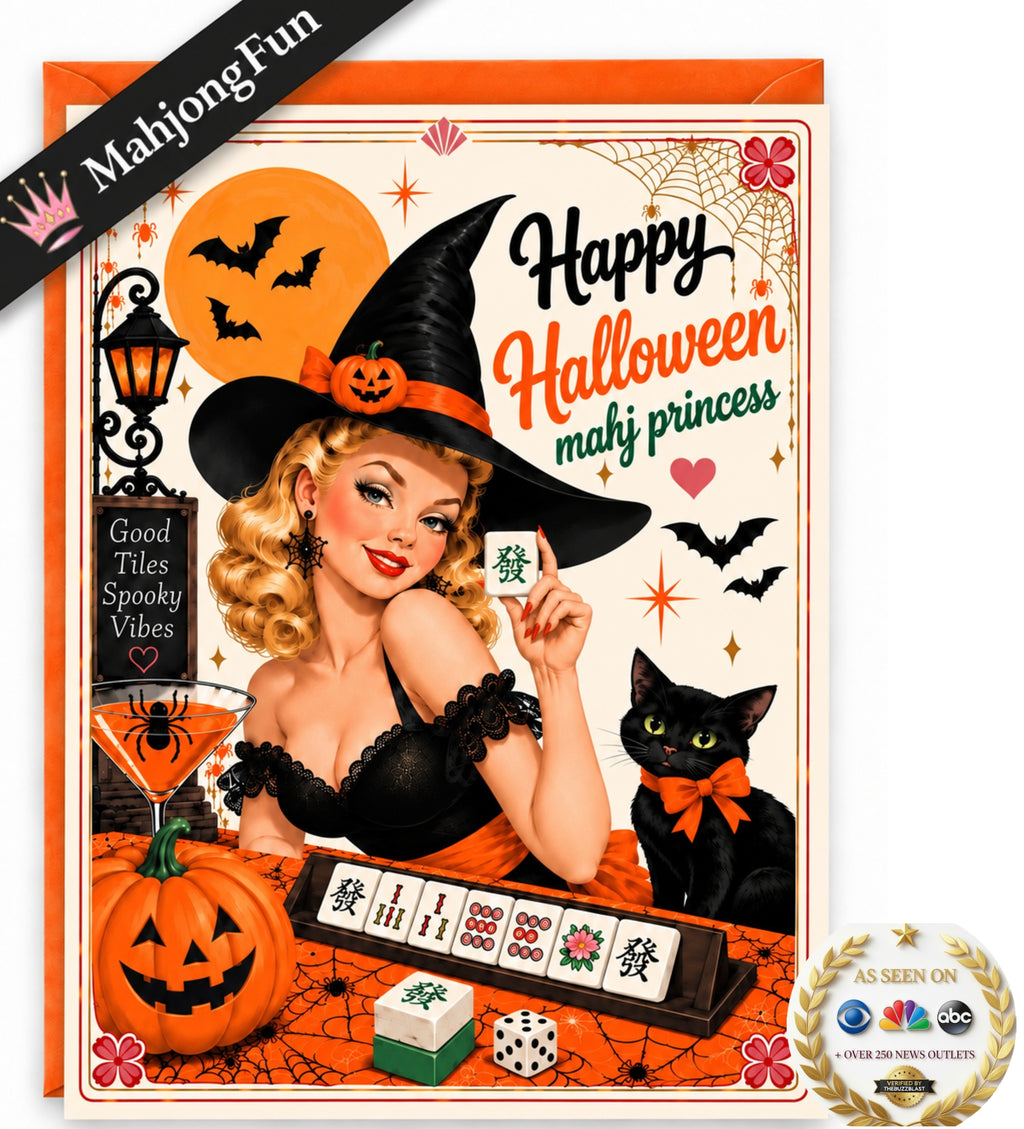 This retro-inspired Halloween Mahjong greeting card features a glamorous vintage witch, her mischievous black cat, pumpkins, bats, spiderwebs, and—of course—Mahjong tiles. With the playful greeting “Happy Halloween, Mahj Princess”, it’s a fun Halloween card for the Mahjong player who would rather be chasing jokers than ghosts.