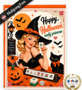This retro-inspired Halloween Mahjong greeting card features a glamorous vintage witch, her mischievous black cat, pumpkins, bats, spiderwebs, and—of course—Mahjong tiles. With the playful greeting “Happy Halloween, Mahj Princess”, it’s a fun Halloween card for the Mahjong player who would rather be chasing jokers than ghosts.