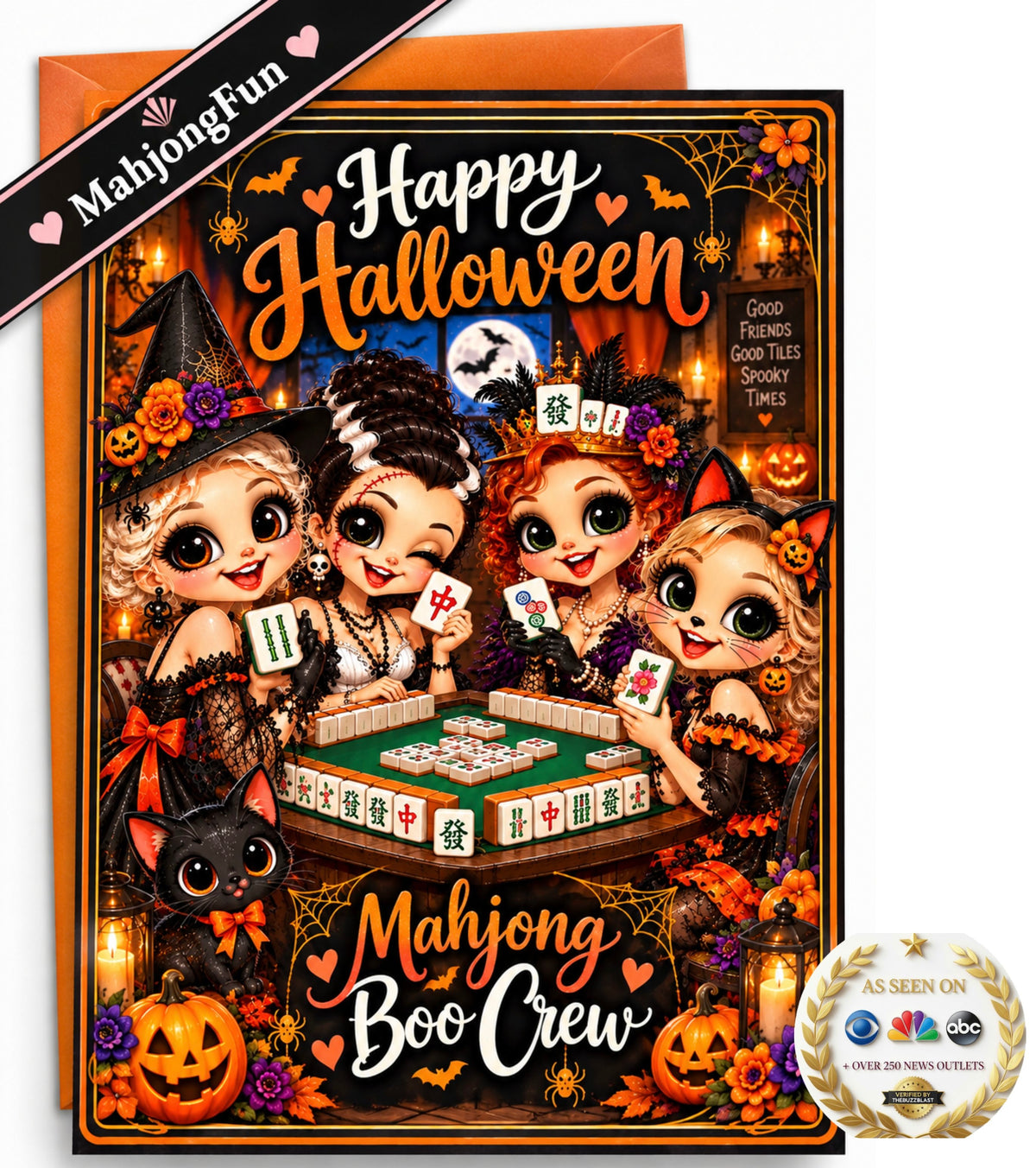 A Halloween-themed mahjong card set featuring a colorful illustrated card with four cartoon witches playing mahjong, surrounded by pumpkins, spiders, candles, and the text 'Happy Halloween' and 'Mahjong and Boo Crew'. An orange envelope is visible behind the card, with a black diagonal banner reading 'MahjongFun' and a round 'As Seen on NBC' style seal in the lower right corner.