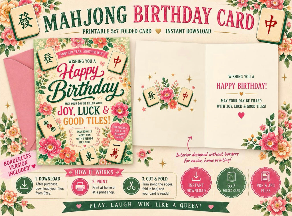 A floral mahjong birthday card template shown as a printable instant download with front and back designs, decorative Chinese-style tiles, pink flowers, and instruction graphics at the bottom.