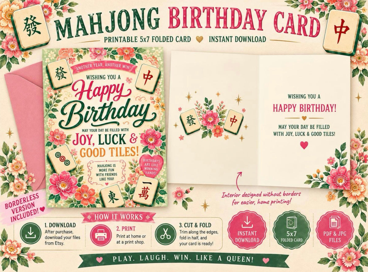 A floral mahjong birthday card template shown as a printable instant download with front and back designs, decorative Chinese-style tiles, pink flowers, and instruction graphics at the bottom.
