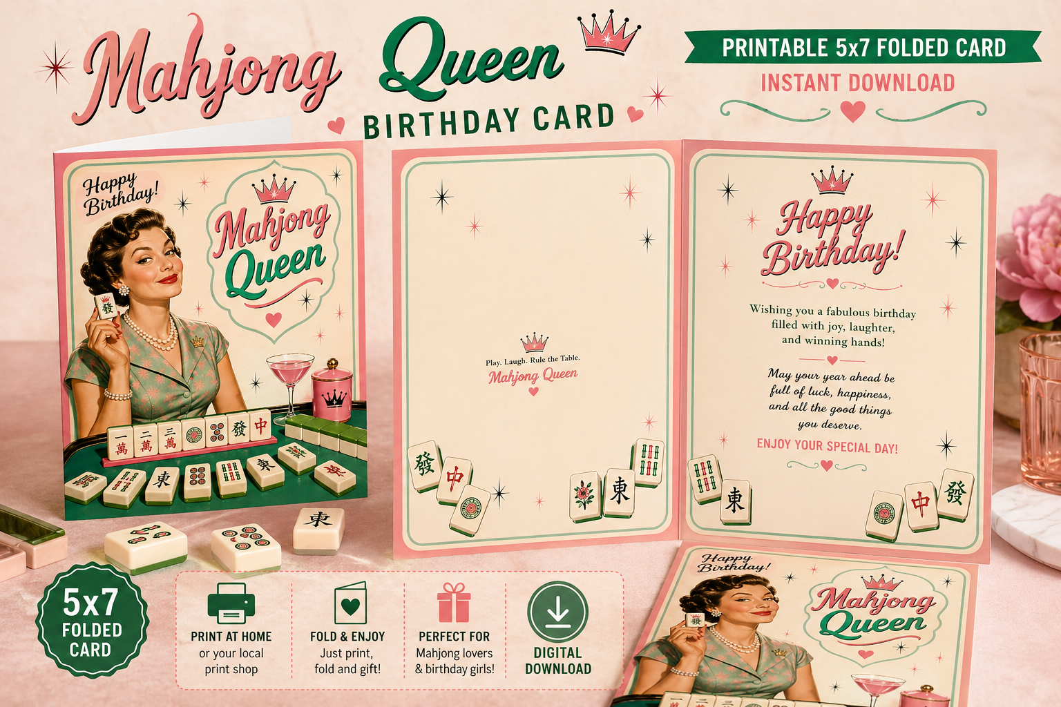 Mahjong Queen Birthday Card Printable: Retro 1950s Style (Digital Download)
