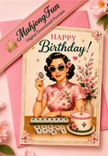 Retro Mahjong Birthday Card | Pink Floral Glamour (Digital Download)