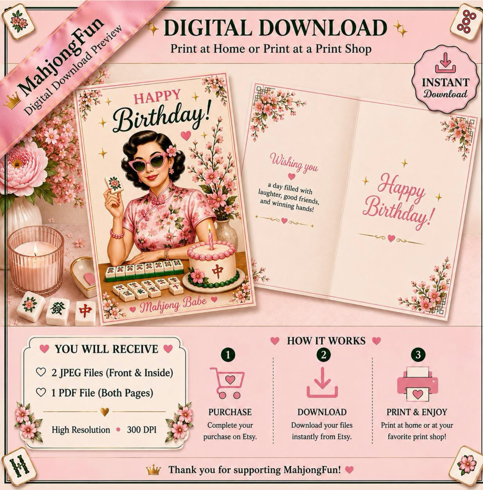 Retro Mahjong Birthday Card | Pink Floral Glamour (Digital Download)