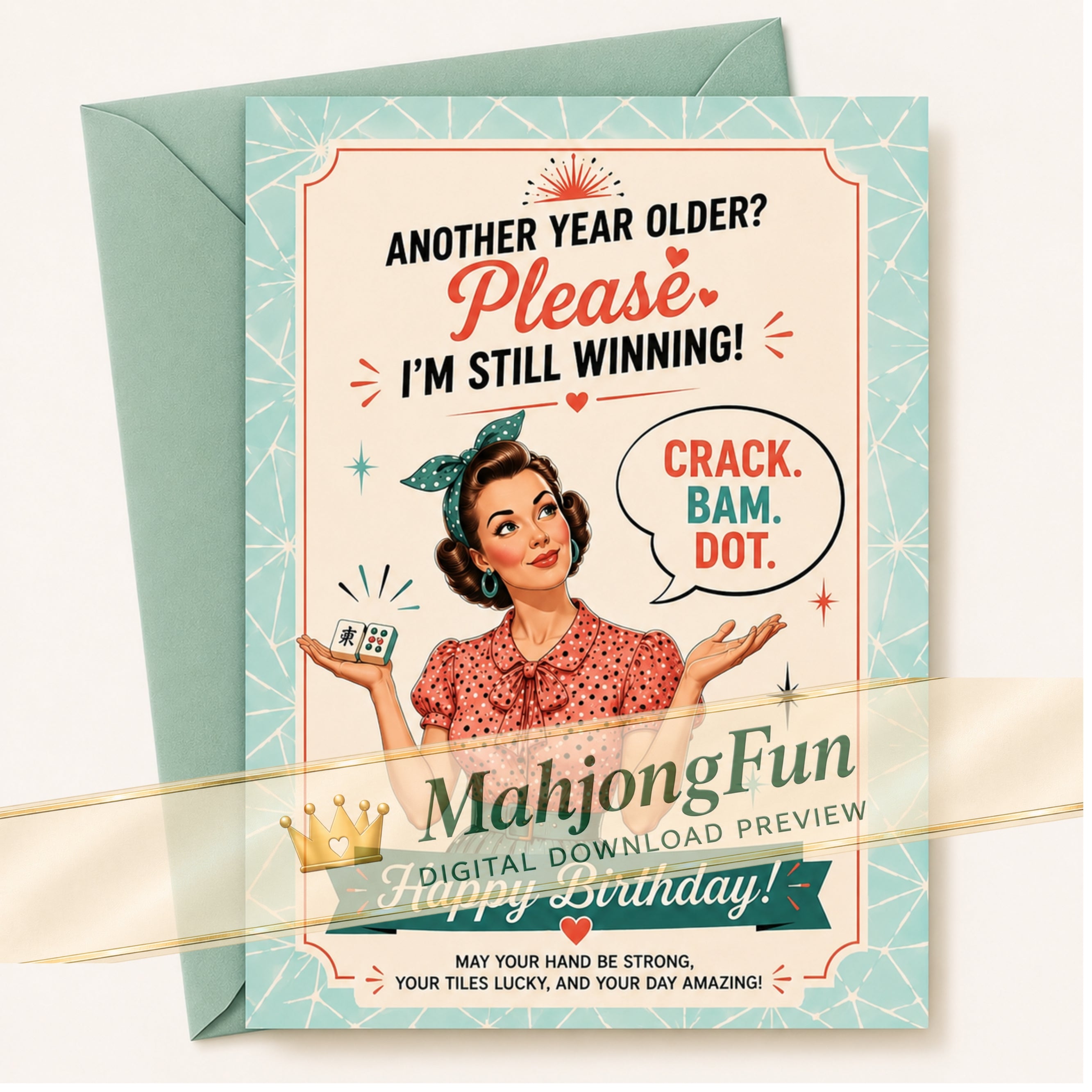 Crack. Bam. Dot. Birthday Card | Funny Mahjong Birthday Card | Printable Birthday Card | Instant Download | Retro Pin-Up Birthday Card