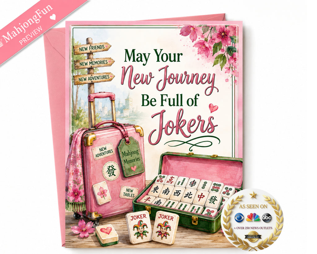 A pink greeting card with a Mahjong-themed design, featuring the text 'May Your New Journey Be Full of Jokers' alongside illustrations of a pink suitcase, an open pink mahjong set, and several joker tiles. A pink envelope is shown behind the card, along with a pink 'MahjongFun PREVIEW' ribbon in the top-left corner and an 'AS SEEN ON' NBC logo badge in the bottom-right corner.