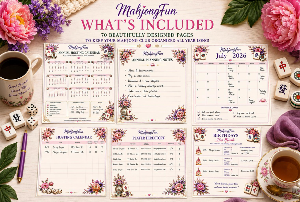 A flat-lay presentation of a MahjongFun 'What's Included' digital planner bundle, showing six different printable pages arranged on a light wooden table surrounded by floral decorations, tea cups, dice, and a purple notebook.