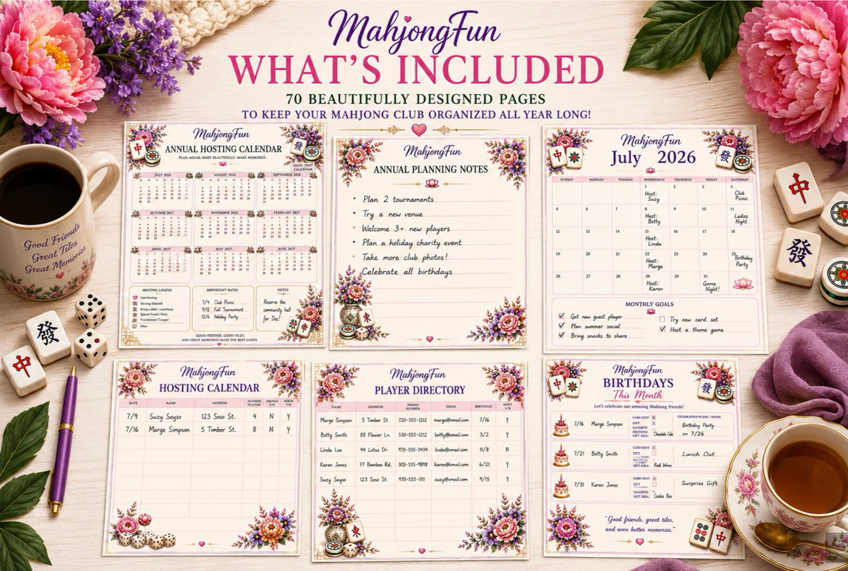A flat-lay presentation of a MahjongFun 'What's Included' digital planner bundle, showing six different printable pages arranged on a light wooden table surrounded by floral decorations, tea cups, dice, and a purple notebook.