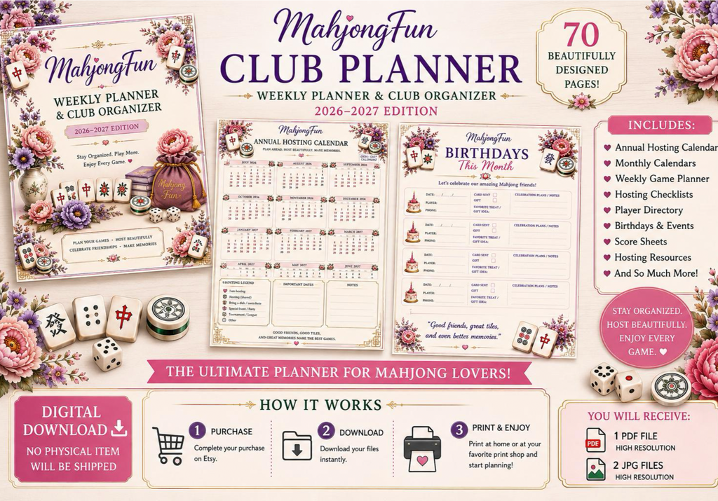 A promotional graphic for the 'MahjongFun Club Planner 2026-2027 Edition', showing the cover, interior pages (weekly planner, monthly calendar, birthday tracker), and included digital files like a hosting calendar and game directory, set against a pink and purple floral background.
