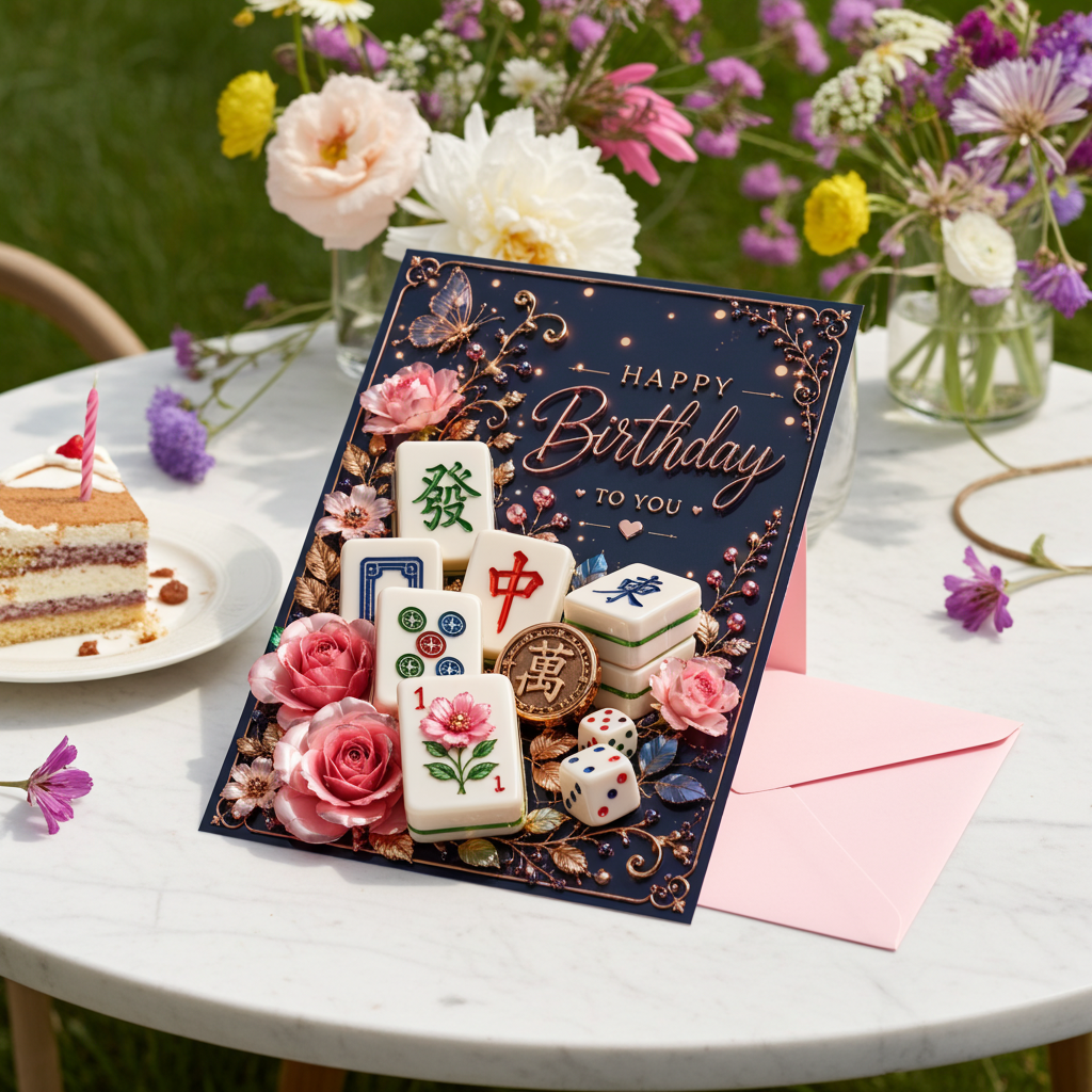 Beautiful Mahjong card on a table with cake and flowers
