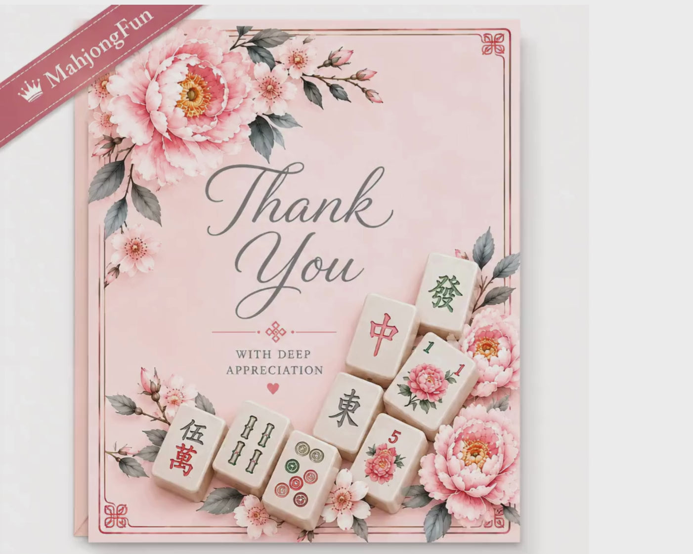 A square pink card or gift box design featuring floral illustrations and several Mahjong tiles arranged around the text 'Thank You' and 'WITH DEEP APPRECIATION.' A pink ribbon in the top-left corner reads 'MahjongFun,' and a gold 'Seen on' badge appears at the bottom-right.