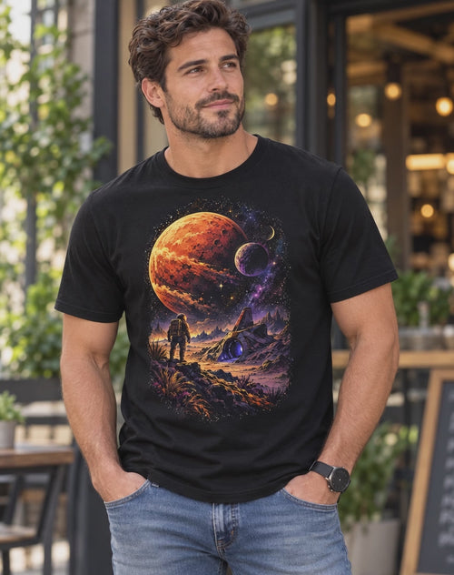 A man wearing a black short-sleeve graphic t-shirt with a colorful outer space print, standing in front of a cafe storefront.