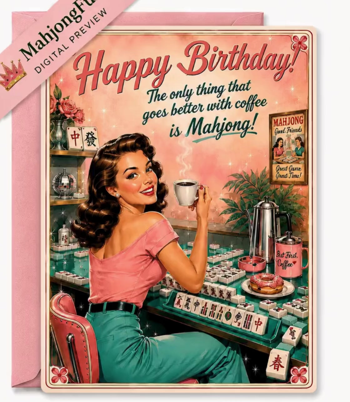 Mahjong Birthday Card Printable, Funny Coffee & Mahjong Card for Her, Instant Download