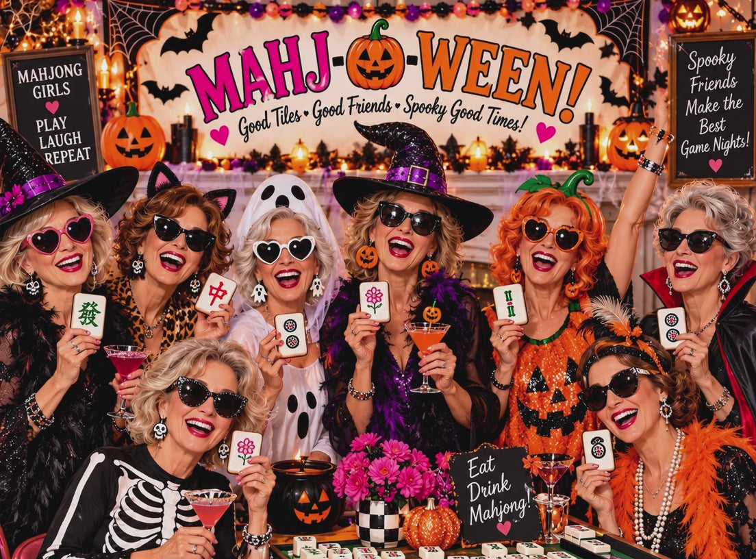 A festive Halloween party scene with four women laughing and holding drinks, surrounded by jack-o'-lanterns, bats, and party decorations. Large text at the top reads 'MAHJOWEEN! The Ultimate Mahjong Halloween Party,' and the bottom banner says '15 Printable Party Games.
