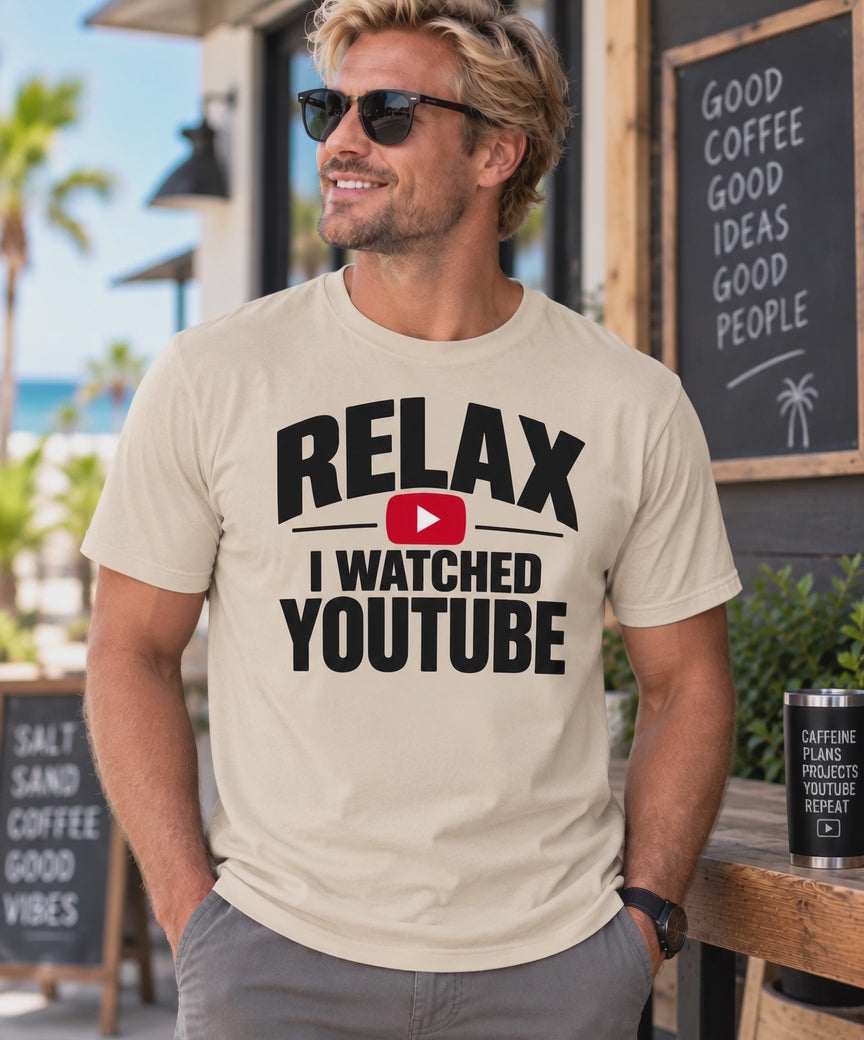 Video of Favorite men’s sand colored T-shirt with the words relax I watched YouTube