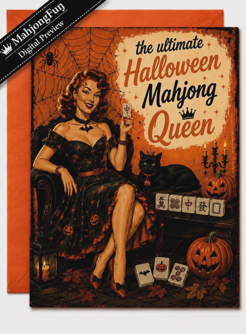 This glamorous retro-inspired Halloween Mahjong card features the Ultimate Halloween Mahjong Queen surrounded by spooky-season favorites: a black cat, pumpkins, spiderwebs, candlelight and, of course, Mahjong tiles.