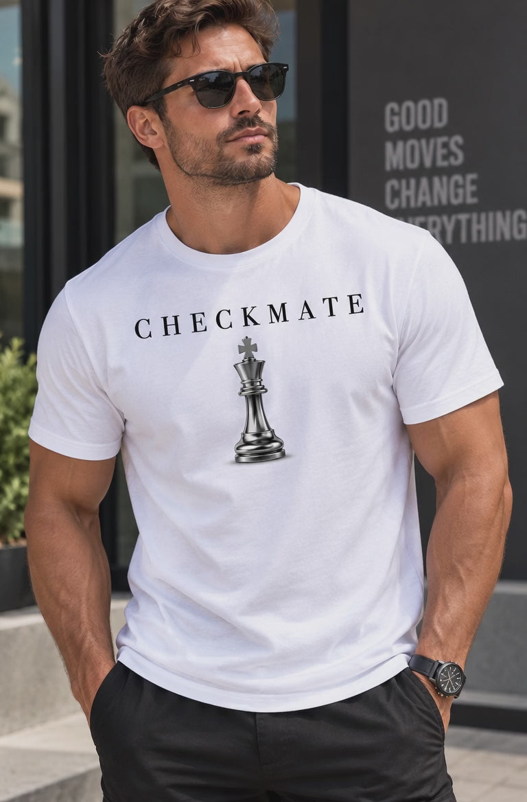 Video of a man wearing a white crew-neck t-shirt with a black 'CHECKMATE' chess piece graphic on the front, paired with black pants and sunglasses, standing outdoors in front of a modern building.