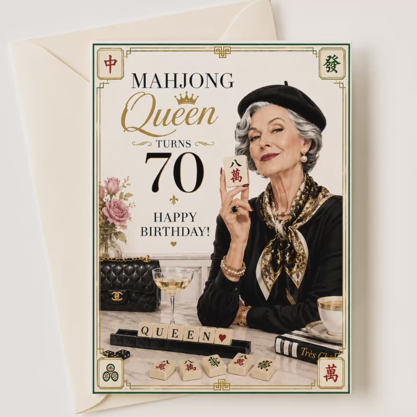 Mahjong themed Birthday card with a woman holding a mahjong tile, sitting at a table playing mahjong celebrating her 70th birthday.