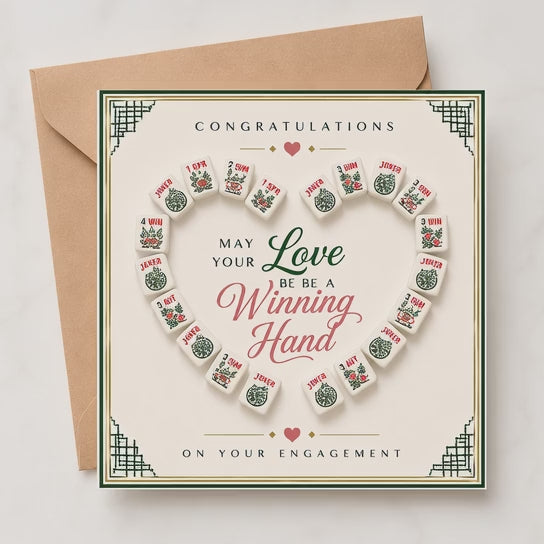 Mahjong themed Engagement card with mahjong tiles arranged in a heart shape and text 'May your love be a winning hand on your engagement'.