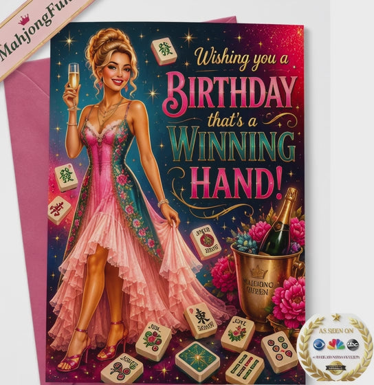 Celebrate your favorite Mahjong lover with a birthday card made especially for the woman who knows that a great day—just like a great Mahjong game—is all about getting the right tiles!

This glamorous printable Mahjong birthday card features a stylish Mahjong Queen, celebratory champagne, colorful Mahjong tiles, sparkling details, and the cheerful birthday message: