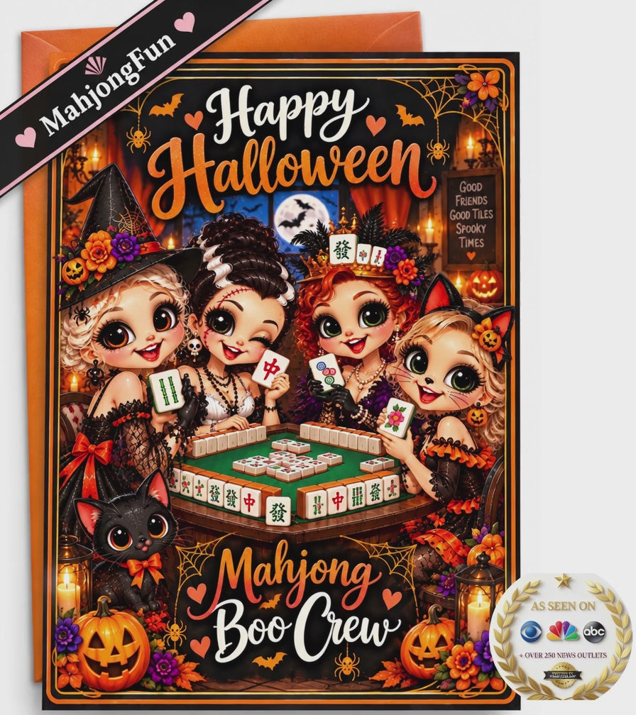 A Halloween-themed mahjong card set featuring a colorful illustrated card with four cartoon witches playing mahjong, surrounded by pumpkins, spiders, candles, and the text 'Happy Halloween' and 'Mahjong and Boo Crew'. An orange envelope is visible behind the card, with a black diagonal banner reading 'MahjongFun'
