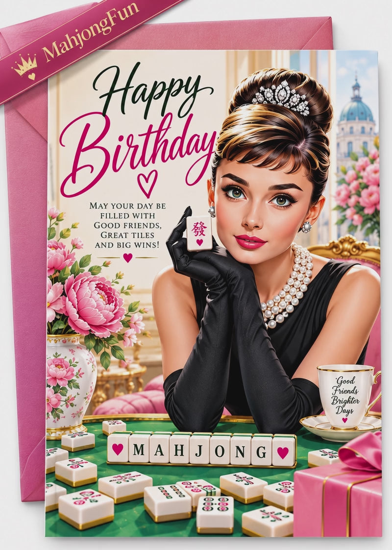 This printable Mahjong birthday card features a glamorous vintage-inspired Mahjong lady surrounded by beautiful pink florals, pearls, Mahjong tiles and elegant birthday details. It’s a fun and stylish choice for a Mahjong friend, Mahjong mom, game-night partner, hostess, or anyone who would rather be playing Mahjong on her birthday