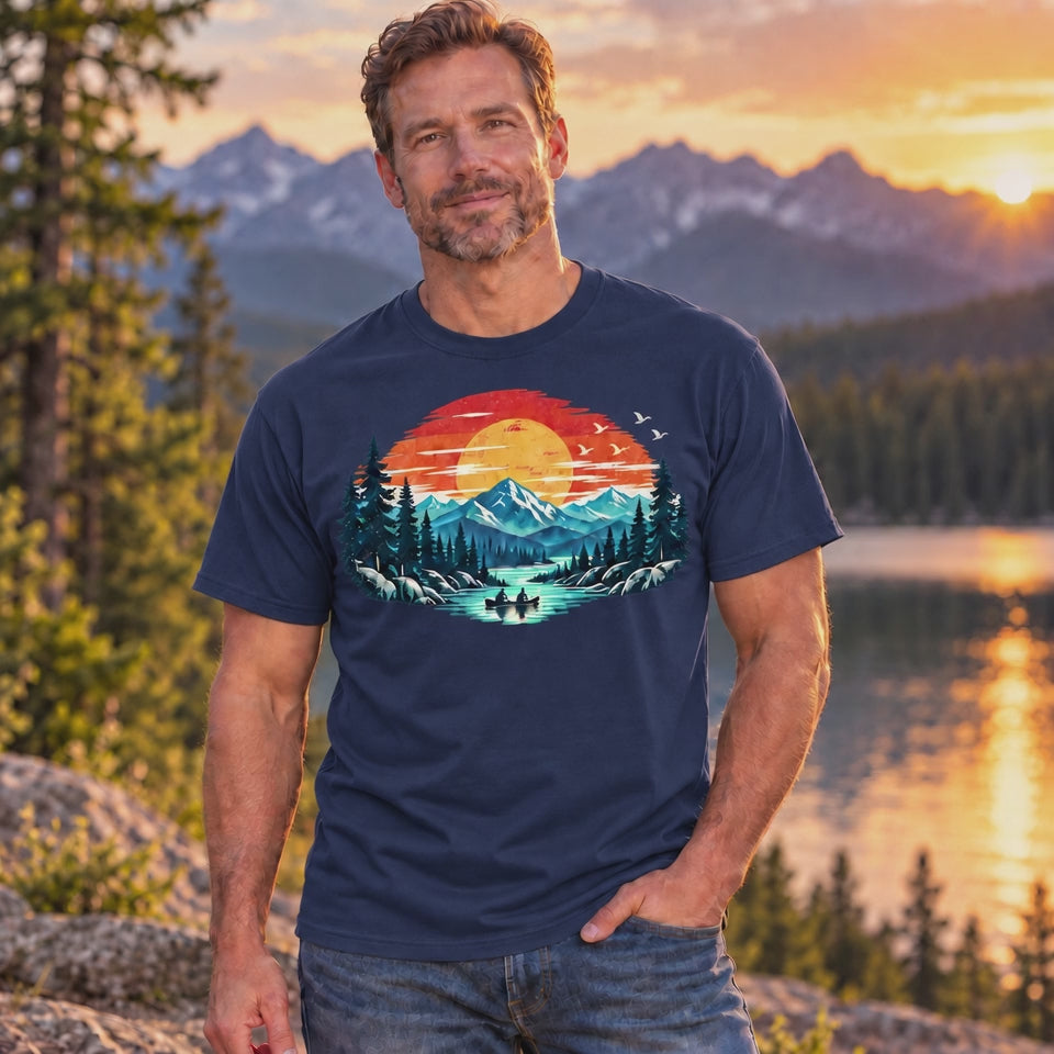 This classic blue cotton T-shirt features a vivid sunset landscape with snowcapped peaks, towering evergreens, reflective blue water, and two paddlers enjoying the stillness of the lake.